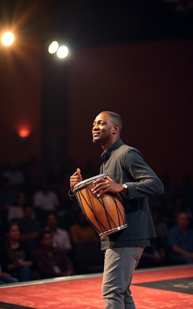 Keynote speaker with djembe on stage