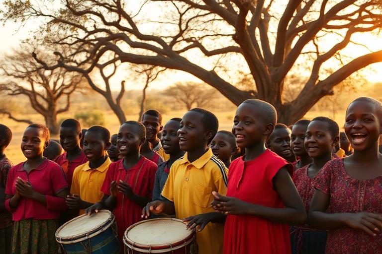African school children drumming outdoors