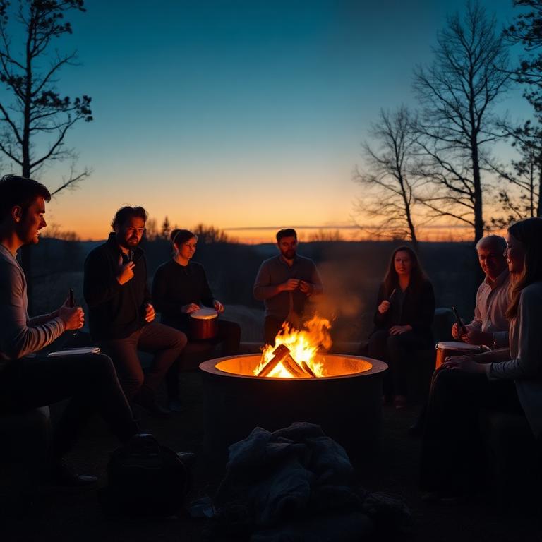 Corporate retreat drumming around fire